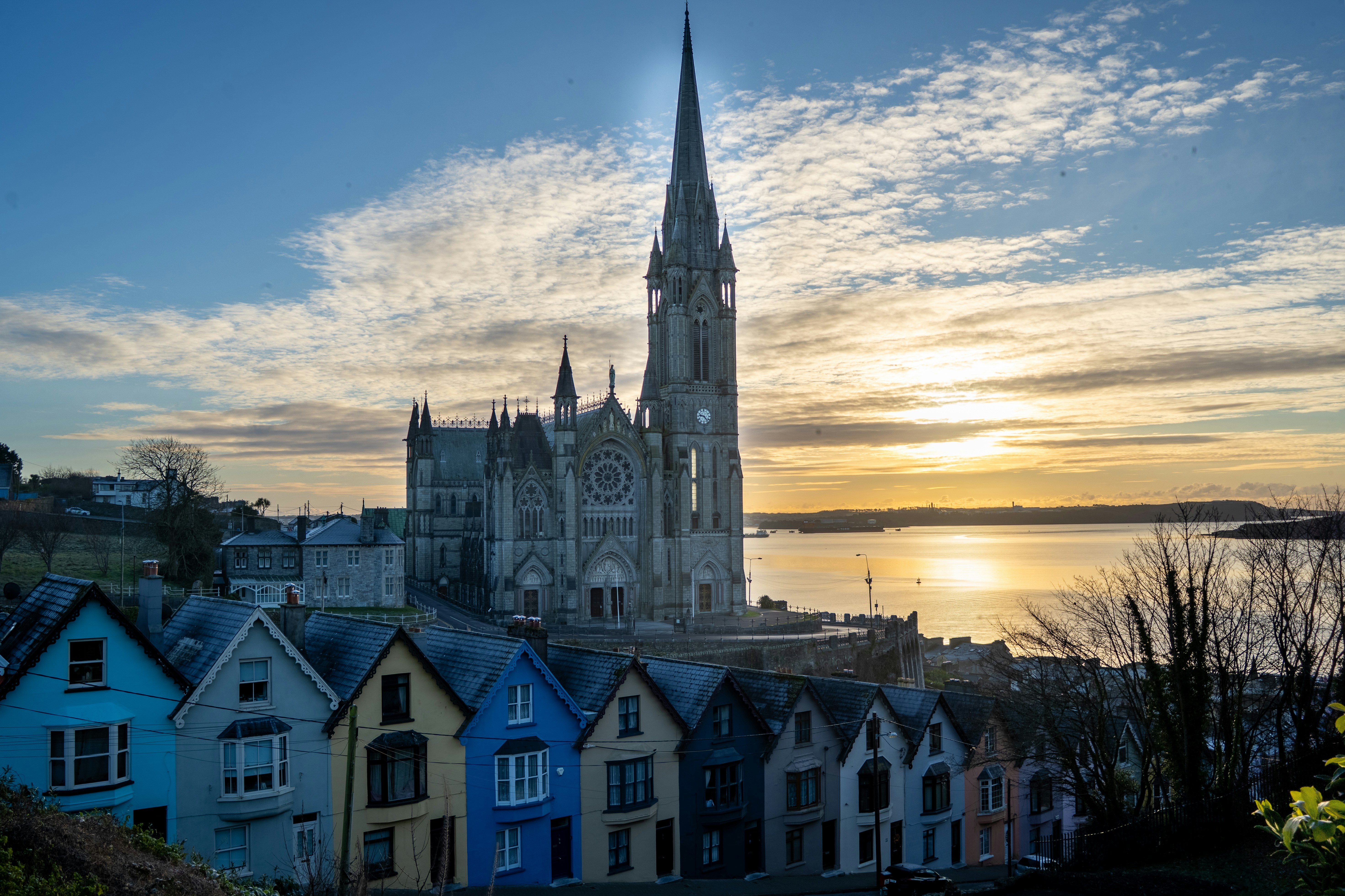 St Colman&rsquo;s Cathedral rising above colourful houses in Cobh, with Cork Harbour glowing in the evening light behind it.